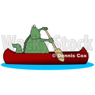 14063 Green Dino Paddling A Red Canoe Clipart Illustration By Dennis