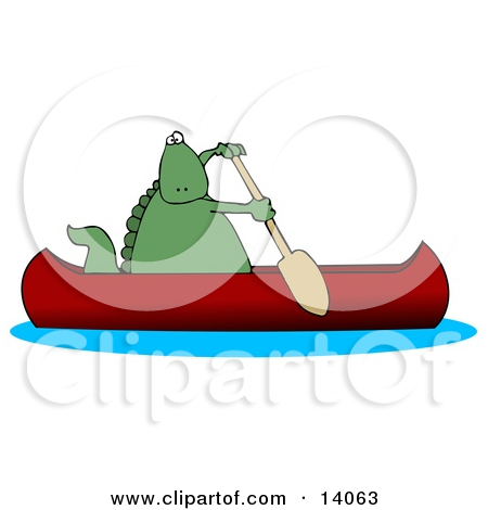14063 Green Dino Paddling A Red Canoe Clipart Illustration Jpg