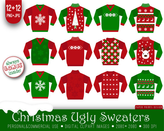 12 Ugly Christmas Sweaters Clipart White Red Green Xmas Sweaters