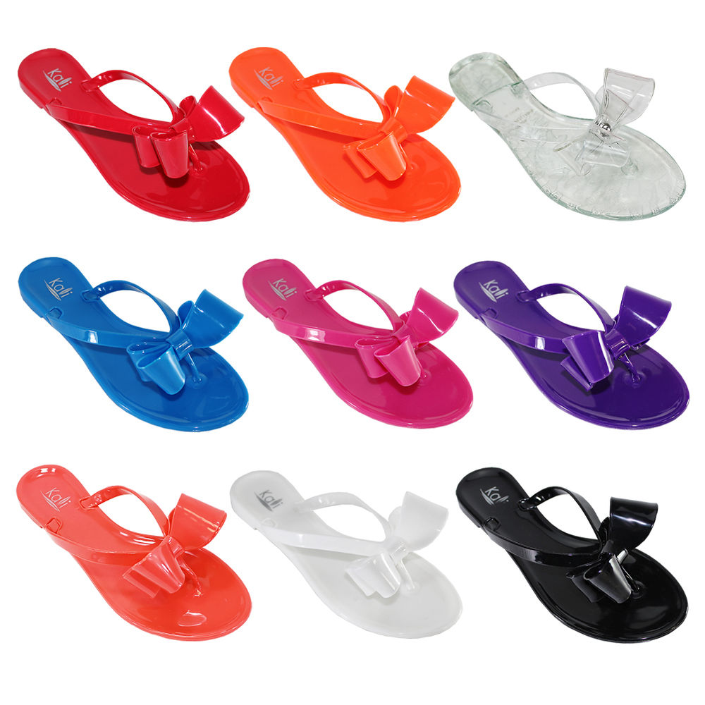 Women Summer Jelly Ribbon Bow Flip Flops Thong Flat Sandals Slipper