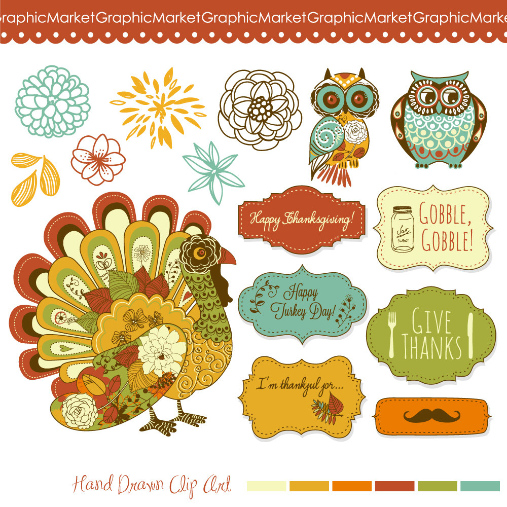 Thanksgiving Clip Art Turkey Fall Clipart Owls By Graphicmarket