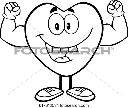 Black And White Happy Heart Cartoon Mascot Character Showing Muscle    