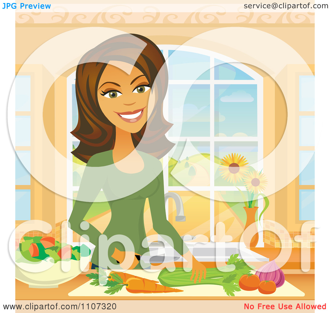 Clipart Beautiful Hispanic Woman Chopping Veggies In A Kitchen