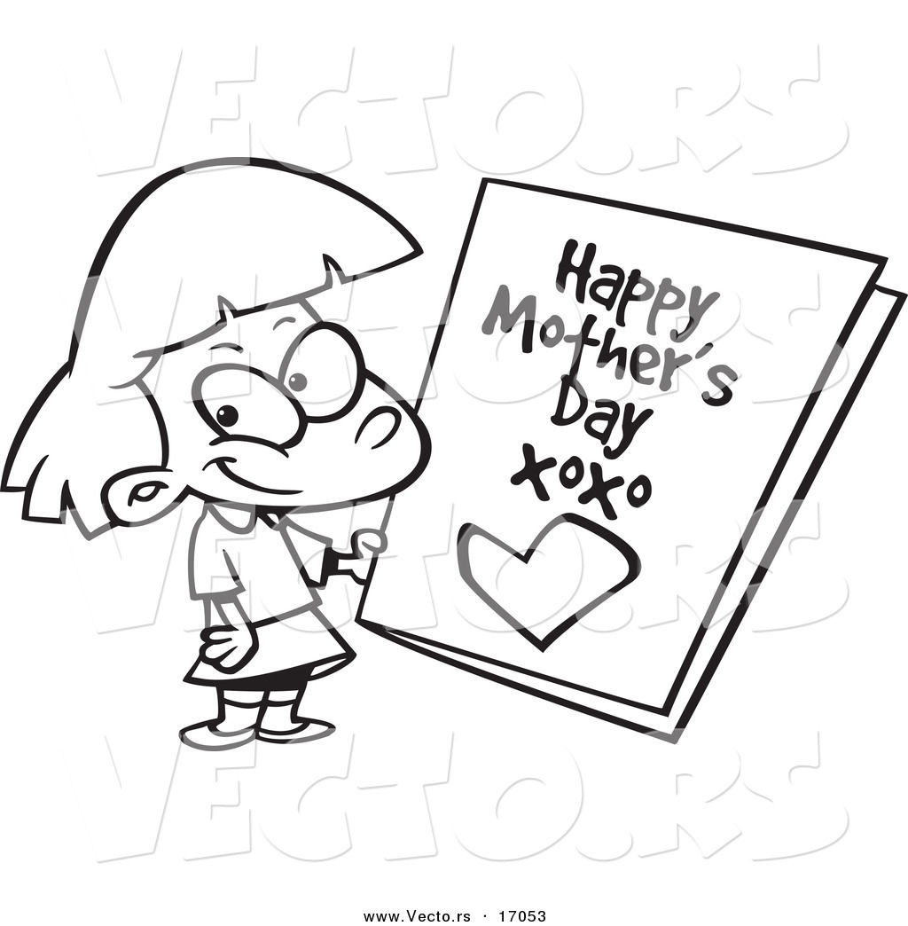 Vector Of A Cartoon Girl Holding A Mothers Day Card   Coloring Page    