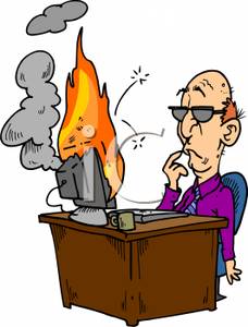 Of A Man With His Computer On Fire   Royalty Free Clipart Picture