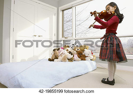 Stock Photograph   Girl Playing Violin Concert For Her Stuffed Animals