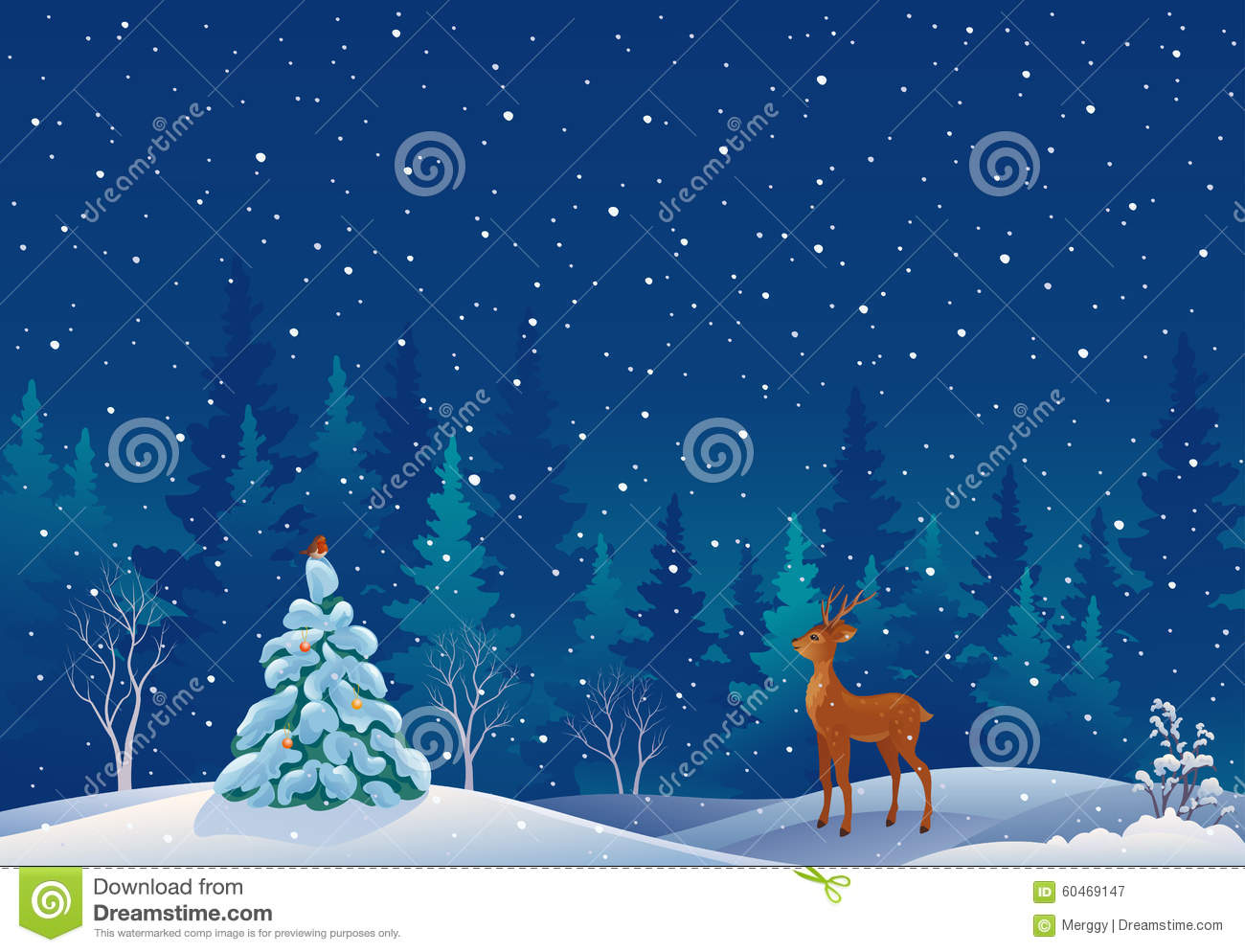 Illustration Of A Beautiful Snowy Christmas Forest Scene With A Deer