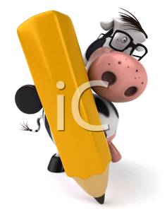 Colorful Cartoon Of A Cow Writing With A Pencil   Royalty Free Clipart