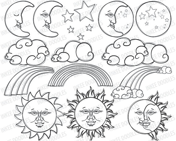 Moon Stars Rainbow Clipart Cute Digital Stamps   Day Night Sun Moon