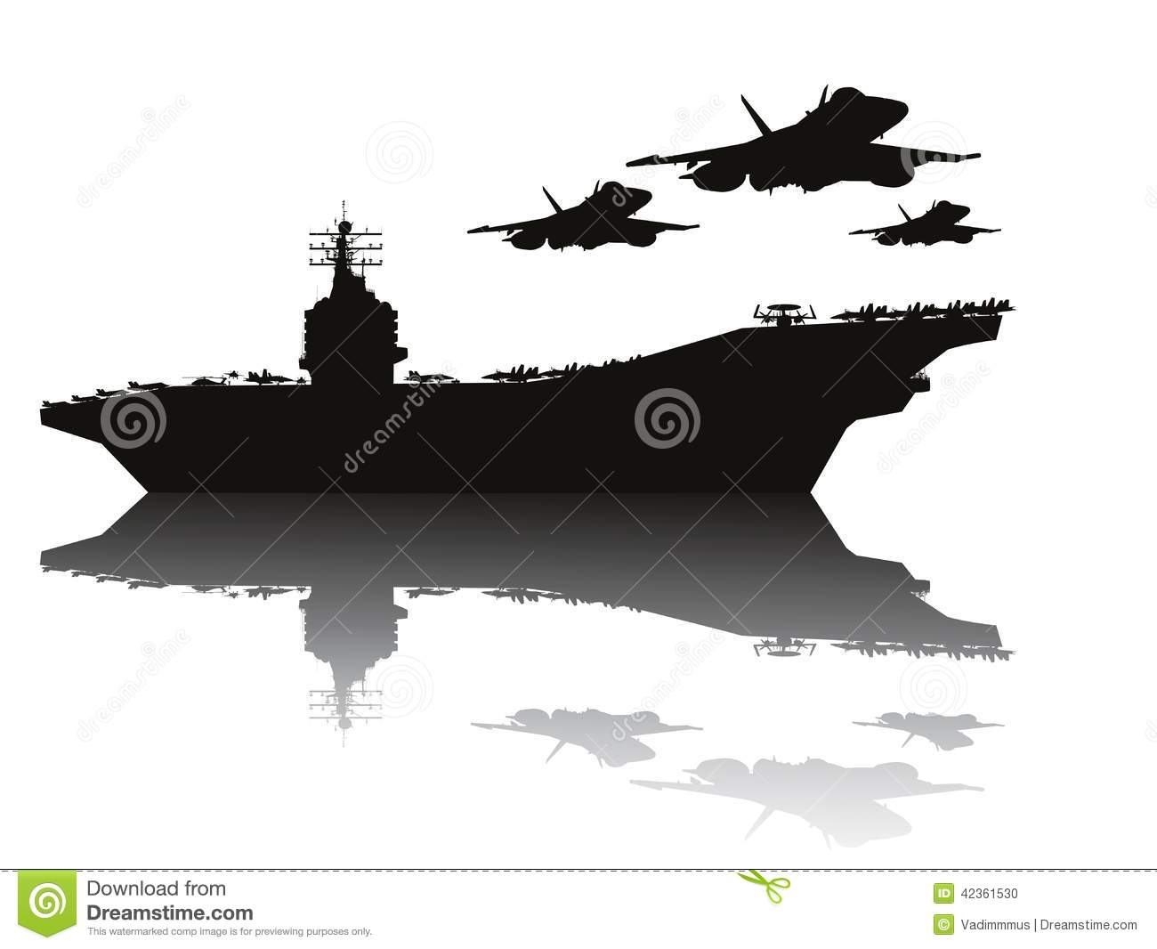 Aircraft Carrier And Flying Aircrafts Detailed Silhouettes  Vector