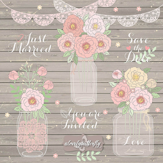 Peonies Clipart Wedding Lace Banner Clipart Jar Clipart Rose Blush    