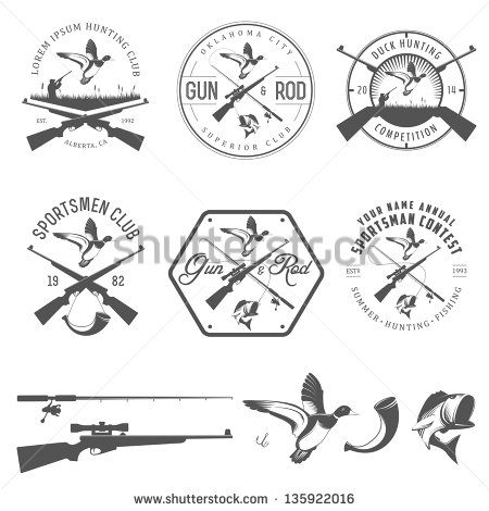 Set Of Vintage Hunting And Fishing Labels And Design Elements   Stock