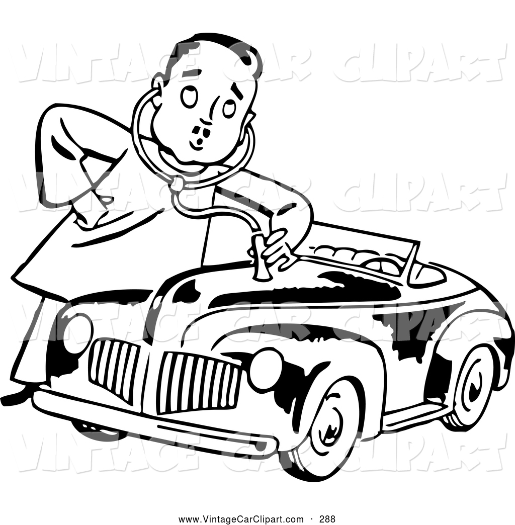 Coloring Page Black And White Retro Mechanic Man Giving A Car A Check