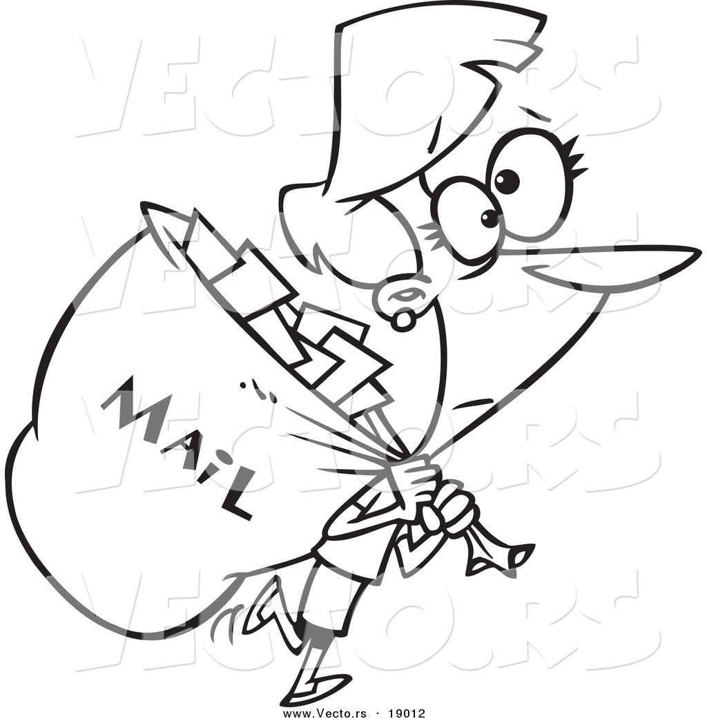 Vector Of A Cartoon Mail Woman Carrying A Big Bag   Outlined Coloring