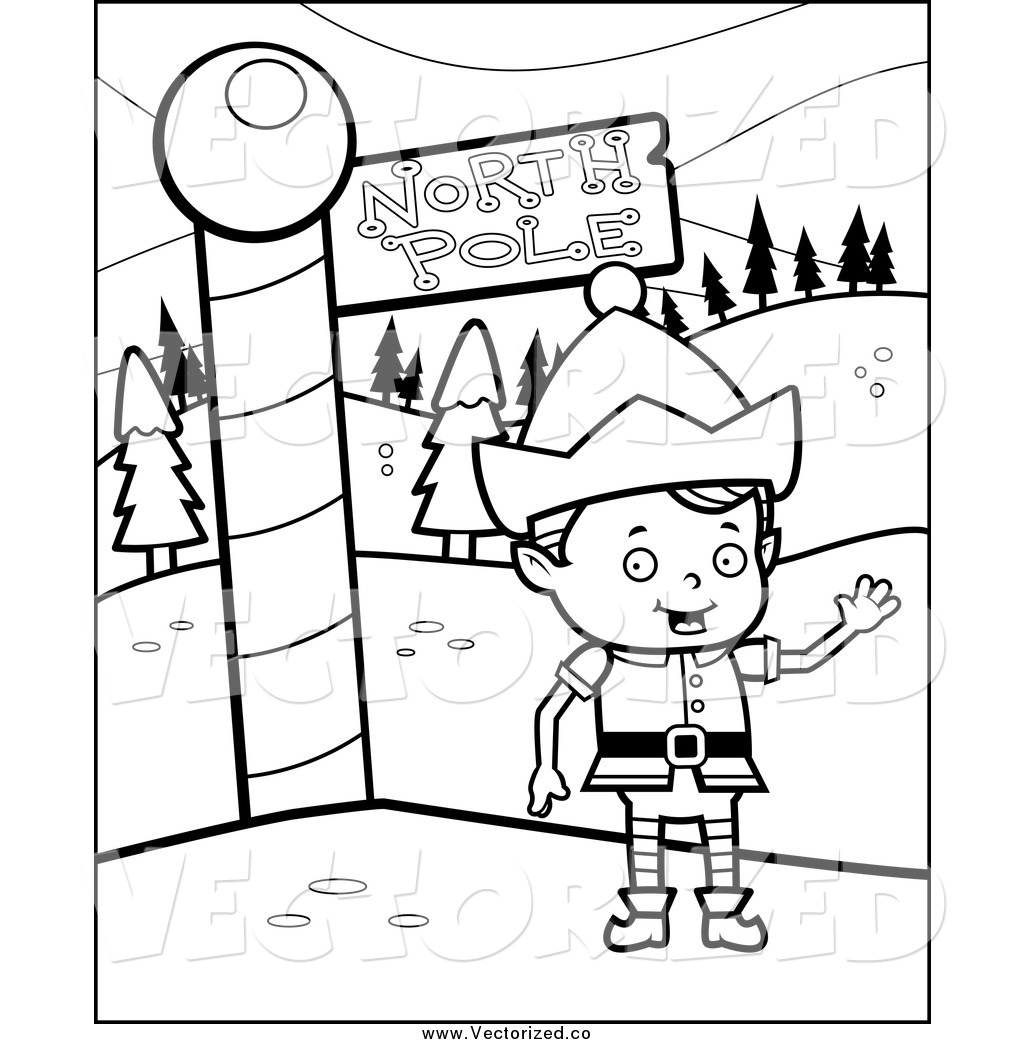Clipart Of A Black And White Christmas Elf Boy Waving By The North