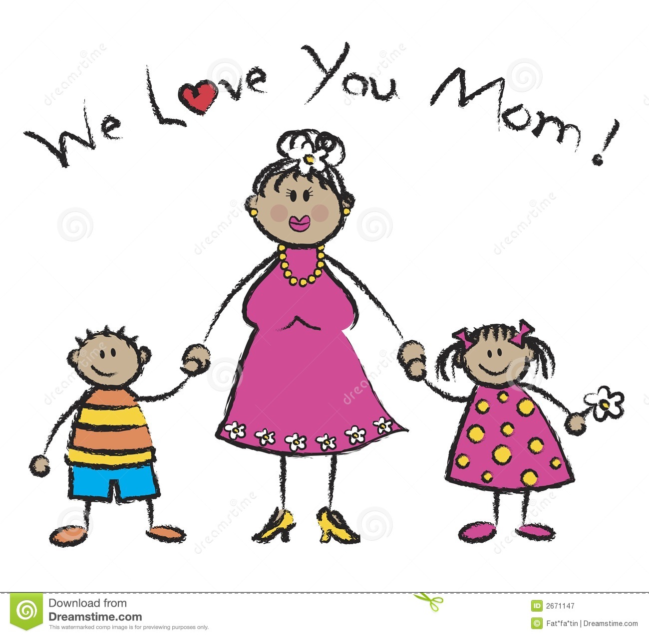 We Love You Mom   Cartoon Illustration Of Family With Tan Skin Tone
