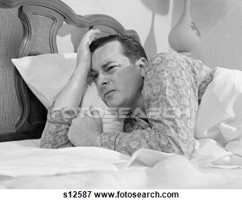 1960s Man In Bed Lying On Side Awake Unable To Sleep Stressed Facial