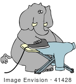 41428 Clip Art Graphic Of A Dry Cleaner Elephant Ironing A Blue Shirt