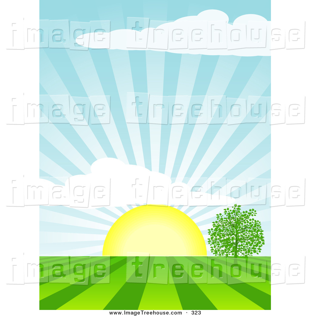 Clipart Of The Bright Yellow Morning Sun Rising Over A Tree In A Field