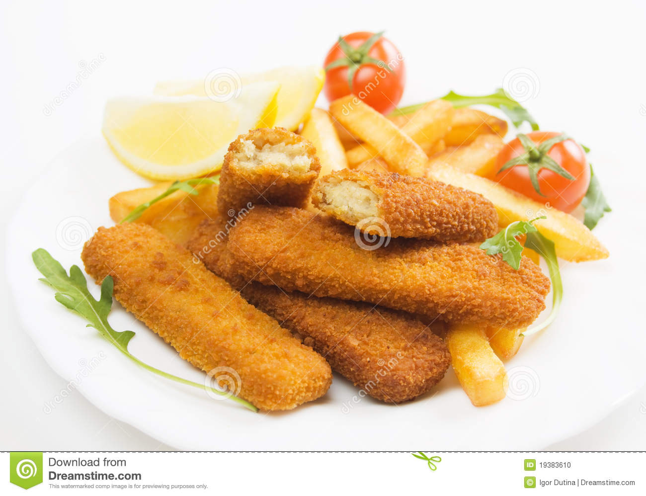 Breaded Fish Sticks Served With French Fries And Cherry Tomato