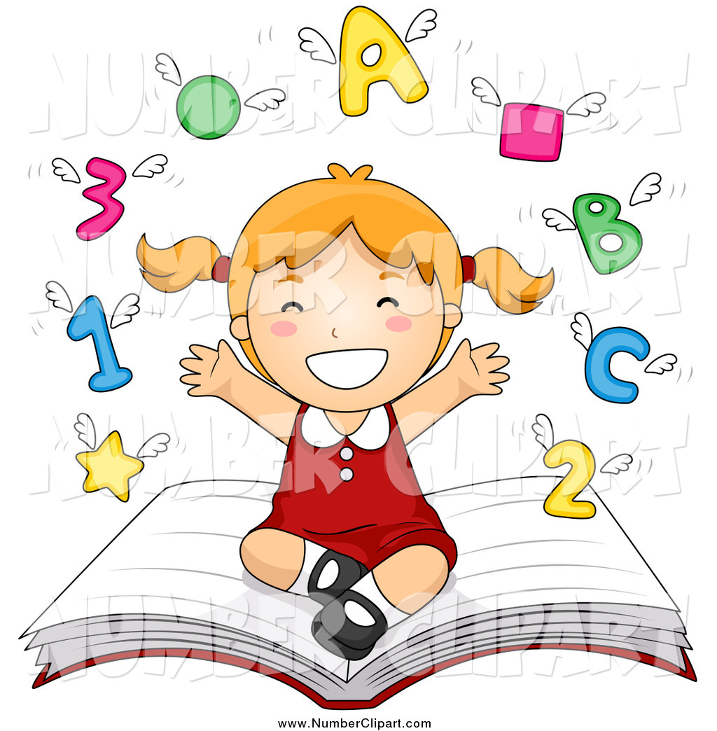 Clip Art Of A Happy School Girl Sitting On A Book With Shapes Letters