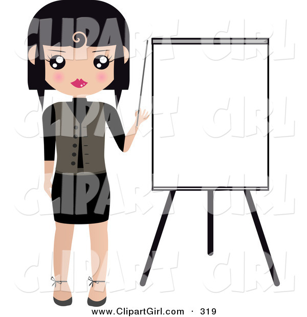 Clip Art Of A Black Haired White Woman Pointing To A Blank Easel Board