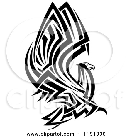 Clipart Of A Black And White Flying Tribal Eagle Falcon Or Hawk