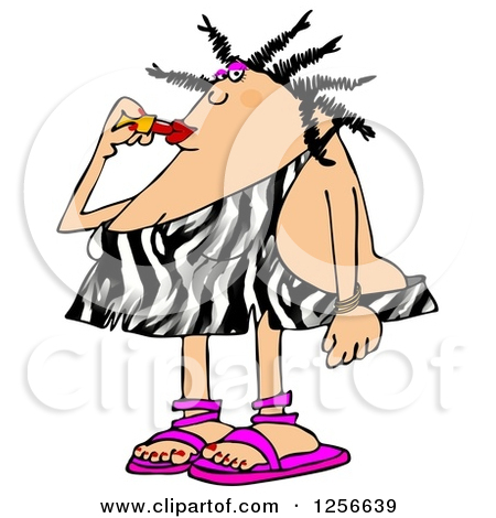 Stylish Cavewoman In A Zebra Print Dress Applying Lipstick