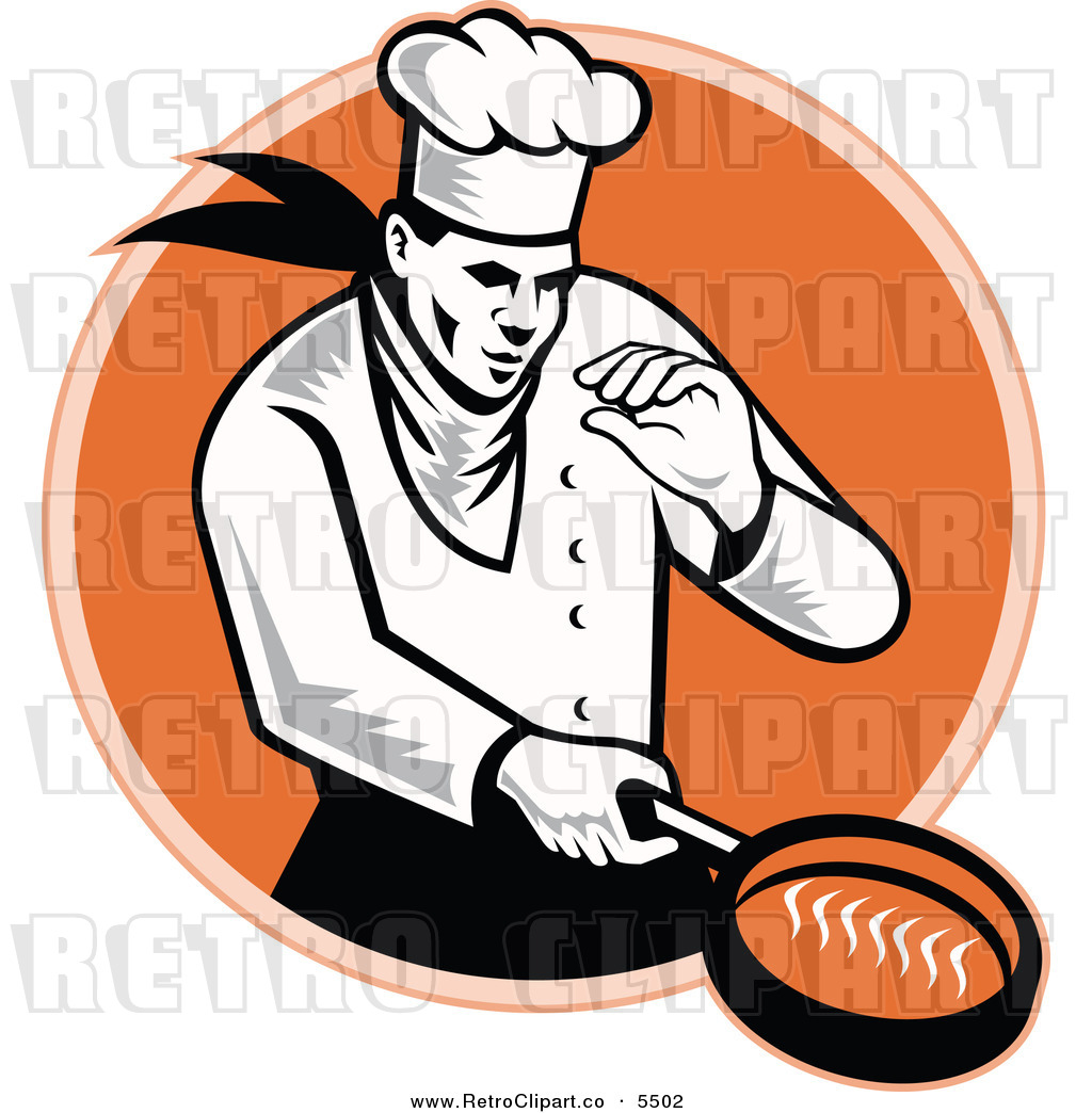 Vector Clipart Of A Chef Man Cooking With A Frying Pan Over An Orange