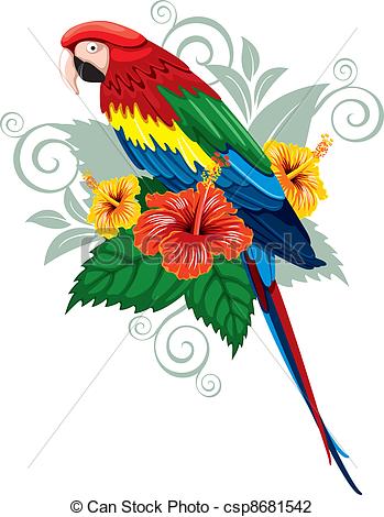 Vector Illustration Of Parrot And Tropical Flowers   Bright Parrots