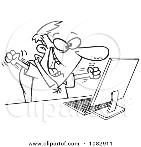 Clipart Outlined Excited Man Celebrating At His Computer Desk