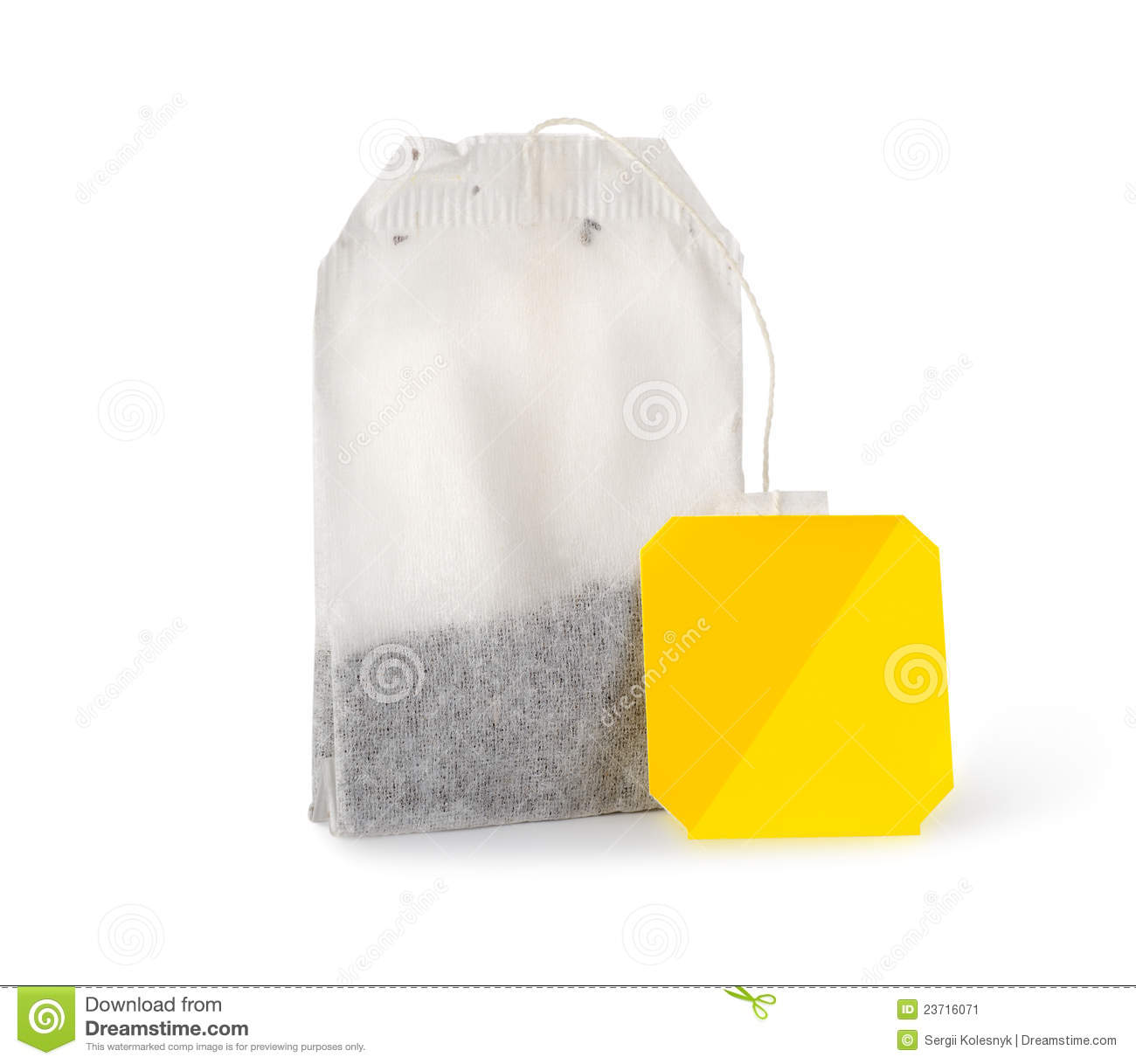 Single Tea Bag Of Black Tea With Yellow Label Isolated On A White