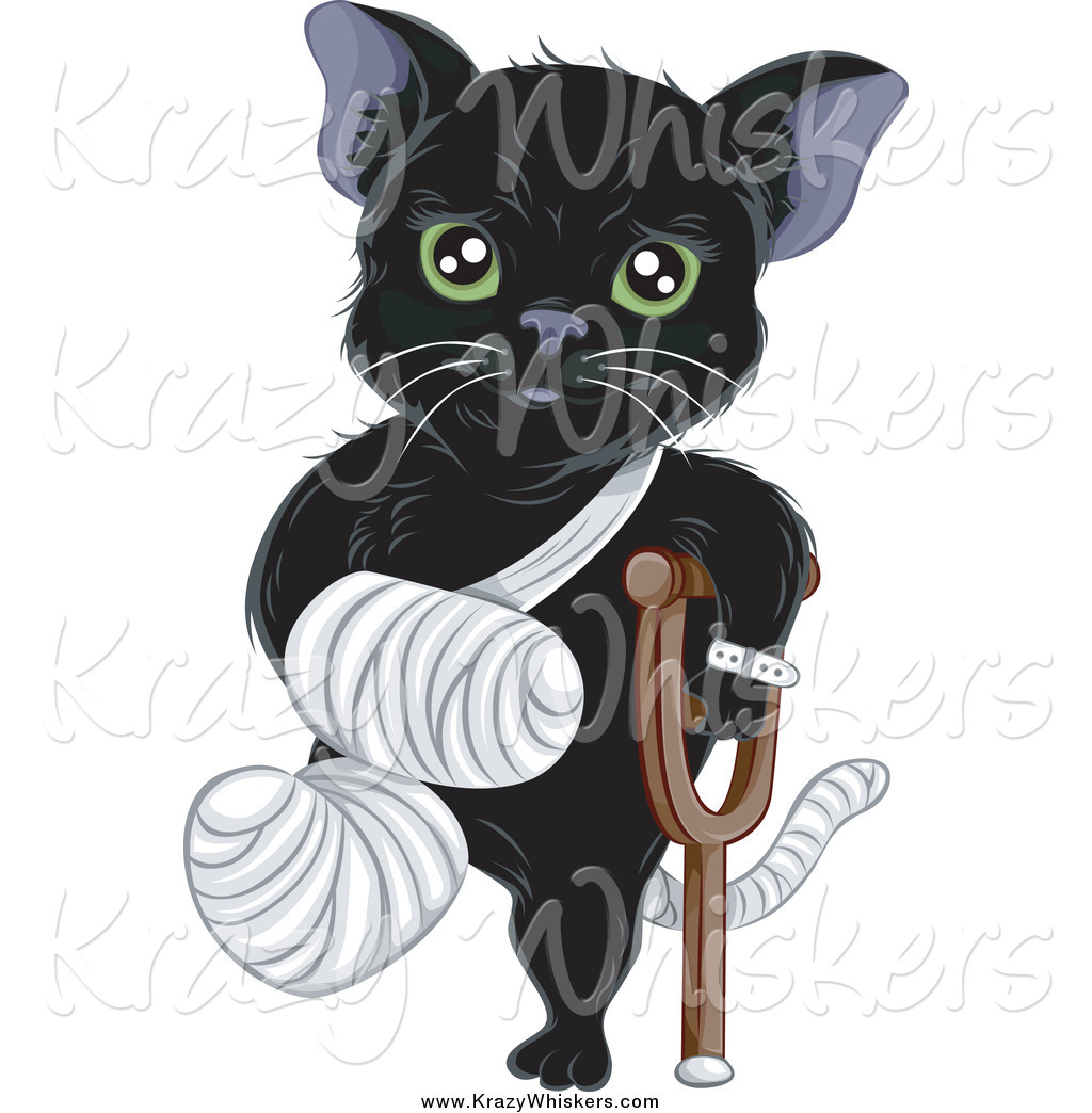 Critter Clipart Of A Hurt Green Eyed Black Cat With A Bandaged Foot    
