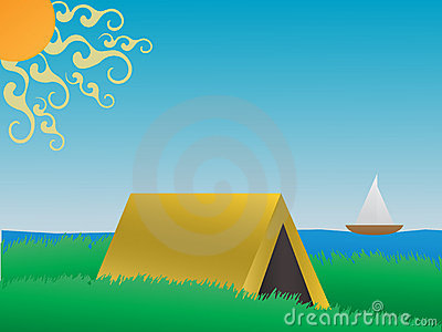 Daytime Clipart Camping Grassy Hill Near Lake Daytime Vector 6079340
