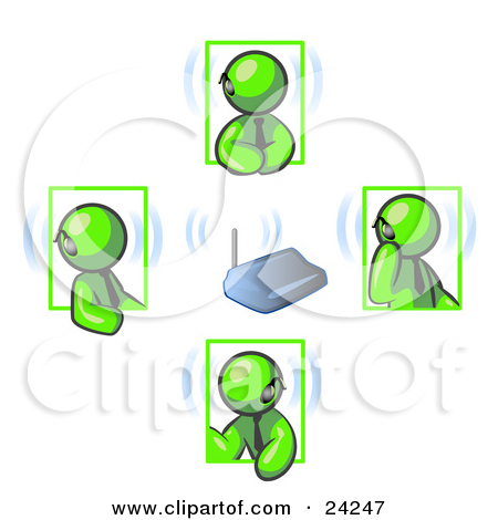 Clipart Illustration Of A Group Of Four Lime Green Men Holding A Phone