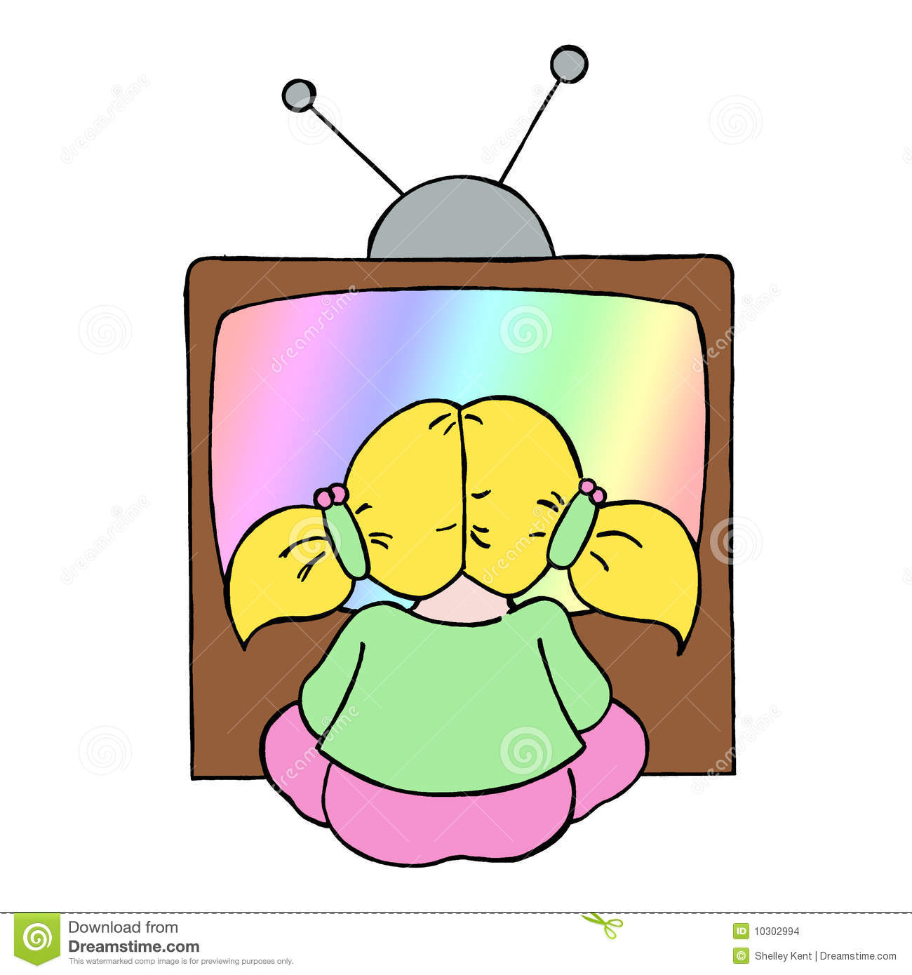 Colour Line Cartoon Drawing Of A Young Girl Watching Television