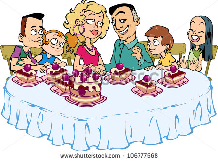 Happy Family Of Six People Sitting At The Table And Eat Cake   Stock