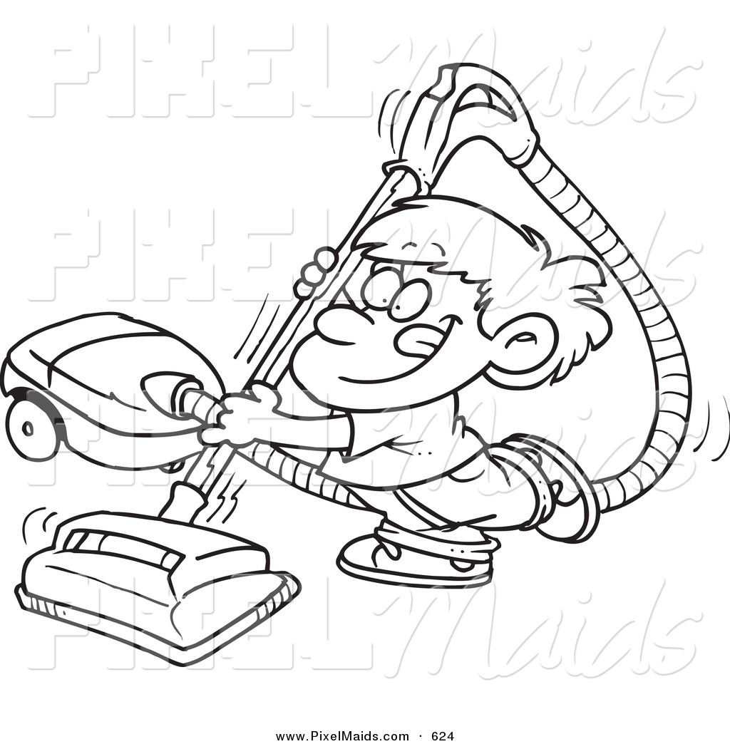 Black And White Outline Art Design Of A Happy Boy Using A Vacuum