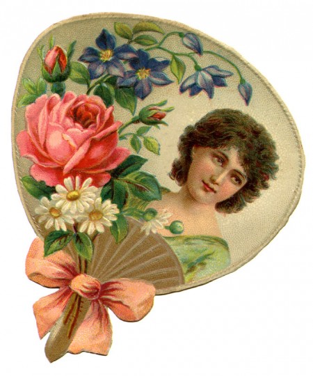 Pretty Victorian Era Woman Framed By A Hand Fan And Flowers   Click