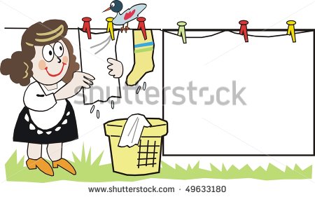 Cartoon Of Housewife Doing Domestic Tasks Hanging Up Laundry With Bird    