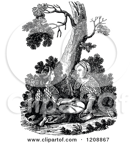 Vintage Black And White Biblica Scene Of Two Women Grinding At The