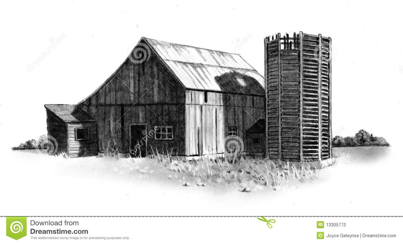 Pencil Drawing Of An Old Barn And An Old Wooden Silo