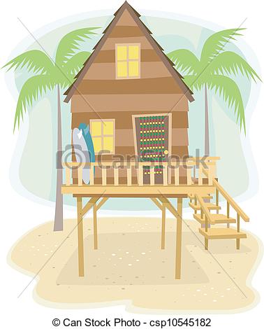 Vector Of Beach House   Illustration Of A Beach House With Surfboards