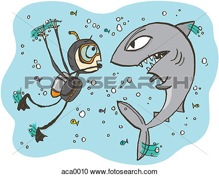 Diver Face To Face With An Angry Shark  Fotosearch   Search Clipart