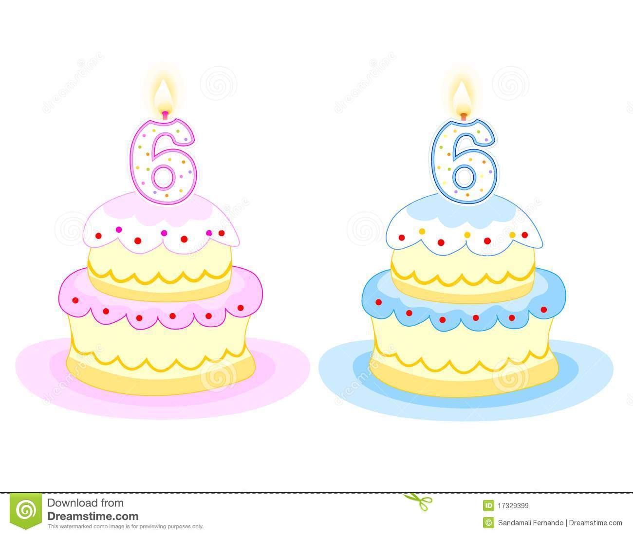 Pink And Blue Birthday Cakes With Number Six Birthday Candle  Isolated
