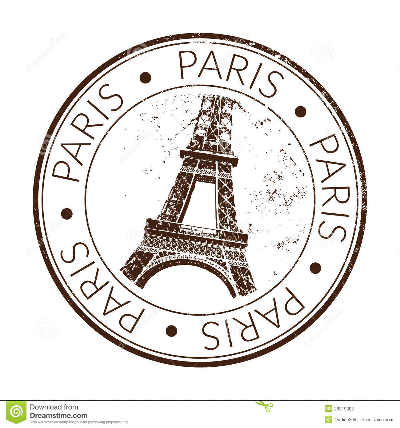 Aged Rubber Stamp Of Paris With Eiffel Tower In Middle