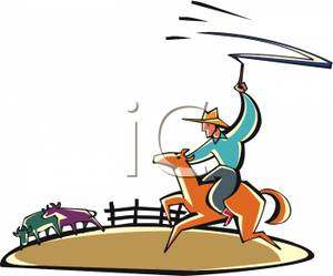 Cowboy On A Horse Roping Cattle   Royalty Free Clipart Picture