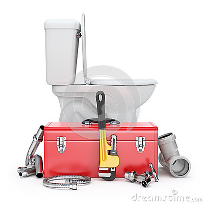 Plumber Tools With Monkey Wrench Toolbox Toilet Bowl Faucet And