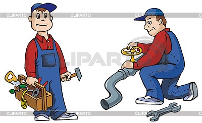Two Pictures Of Plumber With Tools Working Vector Illustration