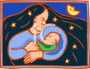 Cuddling Her Infant On A Moonlit Night   Royalty Free Clipart Picture
